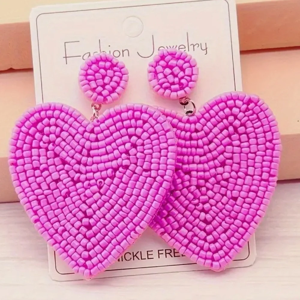 Valentines Day Big Pink beaded earrings chunky boho costume Jewelry love - Picture 1 of 3